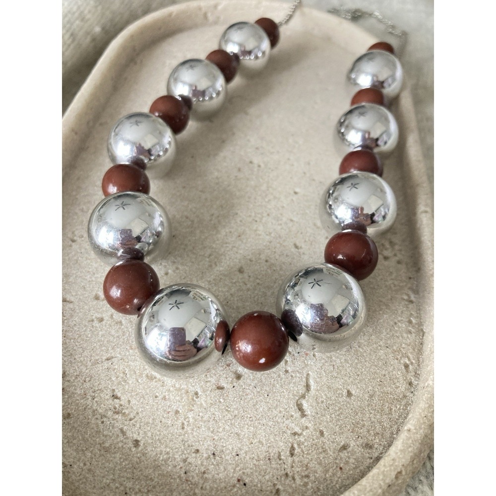 Chunky Silver Tone Brown Bead‎ Necklace Statement Retro Party Evening Event